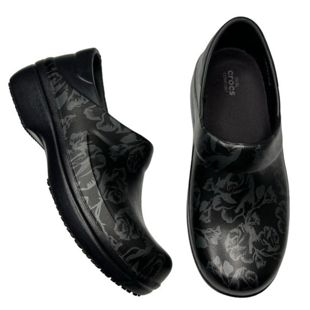CROCS Neris Pro II Shoes Slip Resistant Black Floral Medical Professional Clogs